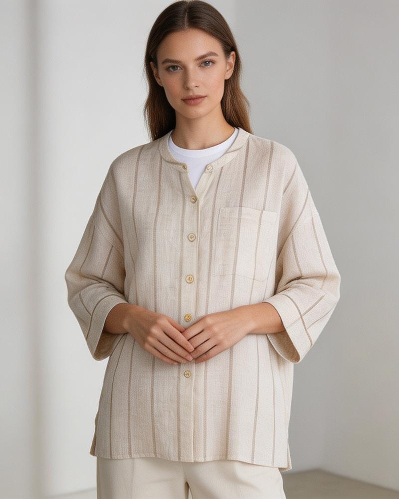 Dew-Retted Linen Striped 3/4 Sleeve Relaxed Blouse Suitpure