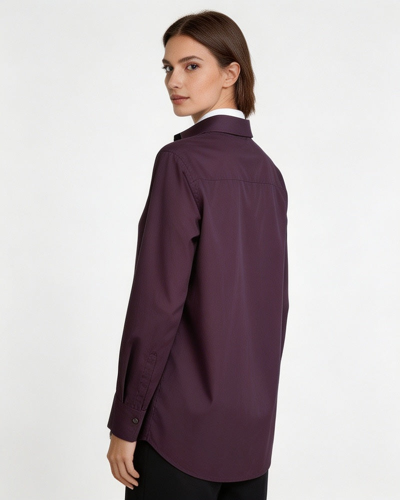 Dark Plum Tencel Linen One-Piece Collar Minimalist Blouse Suitpure