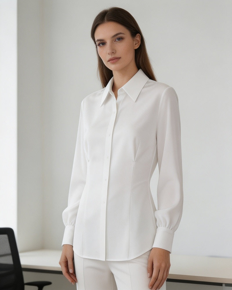 Plain White Flowing Waist-Cinching Blouse | Seamless Drape Suitpure
