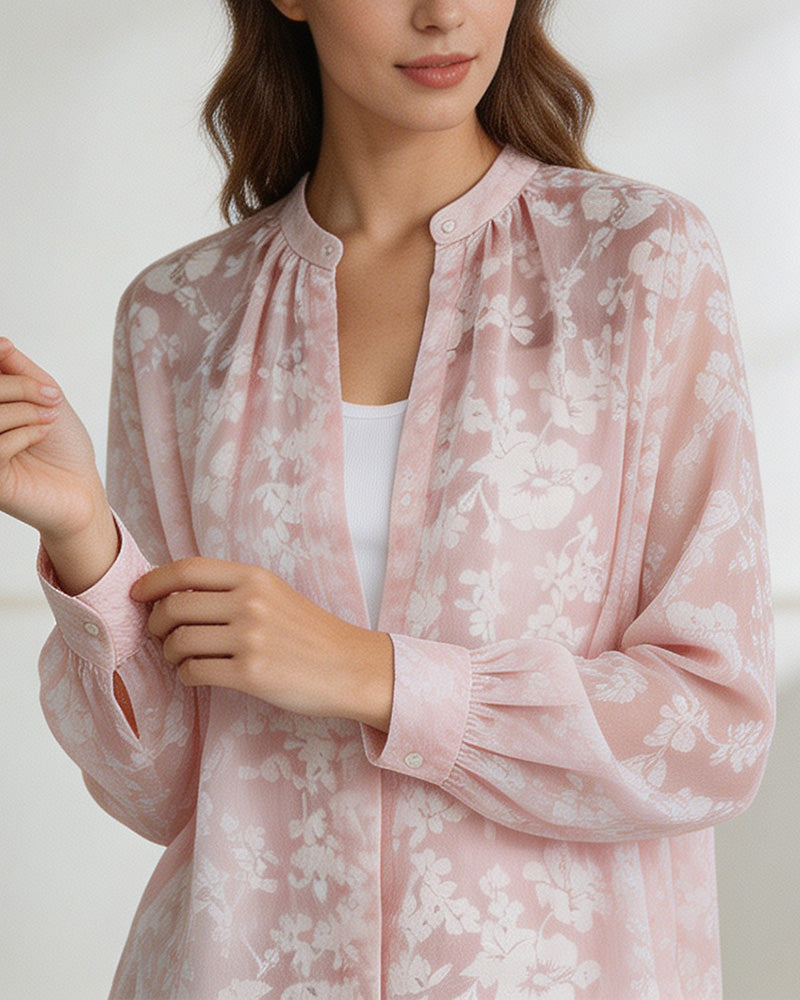 Pink Floral Stand Collar Blouse Suitpure