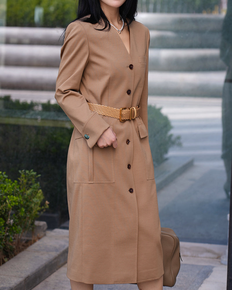 Women Khaki V Neck Long Sleeve Business Casual Trench Shirt Dress Suitpure