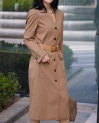 Women Khaki V Neck Long Sleeve Business Casual Trench Shirt Dress Suitpure