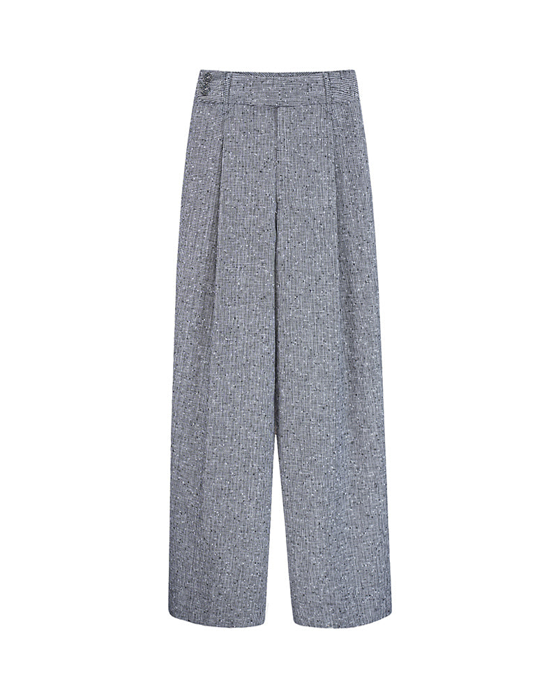 Black White Houndstooth Slub Linen High-Rise Wide-Leg Trousers Suitpure