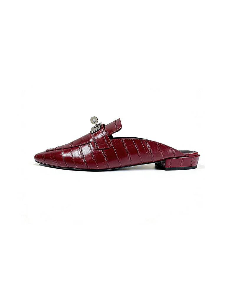 Burgundy Croc Embossed Leather Backless Mule Loafers for Women Commuter Shoes Suitpure