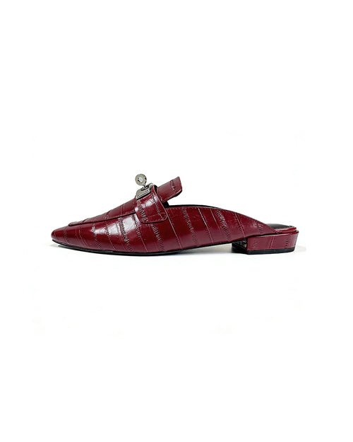 Burgundy Croc Embossed Leather Backless Mule Loafers for Women Commuter Shoes Suitpure