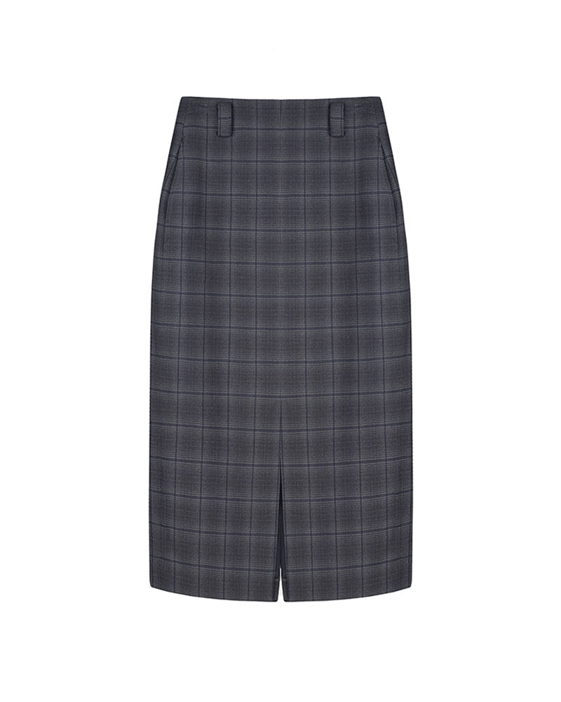 Grey Tone Welsh Plaid Straight Midi Skirt with Back & Front Slits