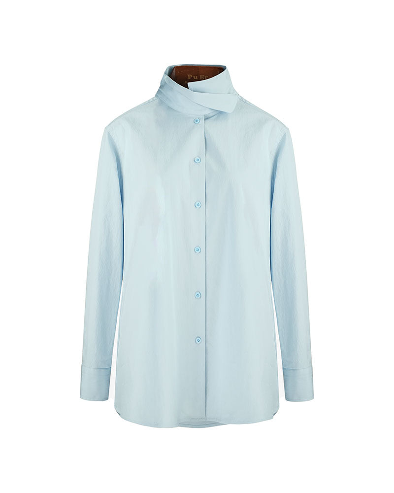 Sky Blue Textured Scarf Collar Blouse