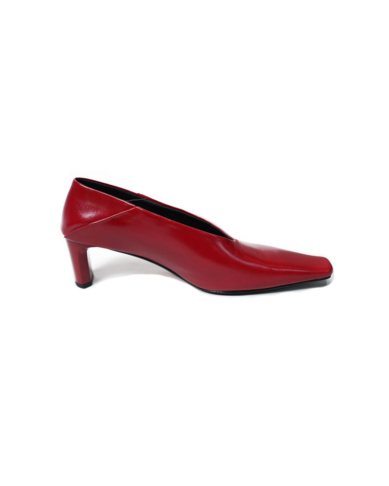 Women Bright Red Patent Leather Square Toe V Cut Block Heel Shoes Suitpure