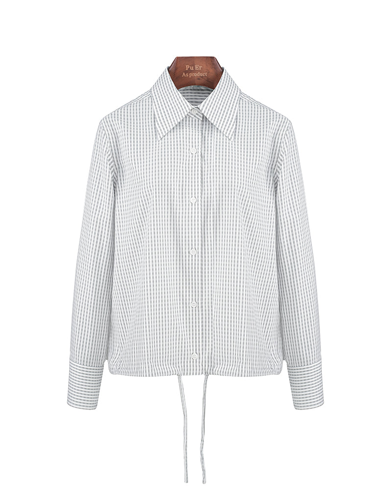 Simple Grey Plain Plaid Cropped Shirt with Gathered Hem
