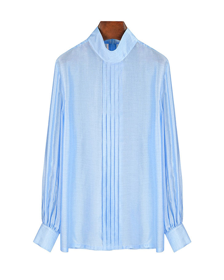 Mandarin Tencel Acetate Pullover Blouse with Lantern Puff Sleeves Suitpure