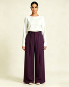 Elegant Purple High Waist Tie Belt Straight Wide Leg Trousers Suitpure