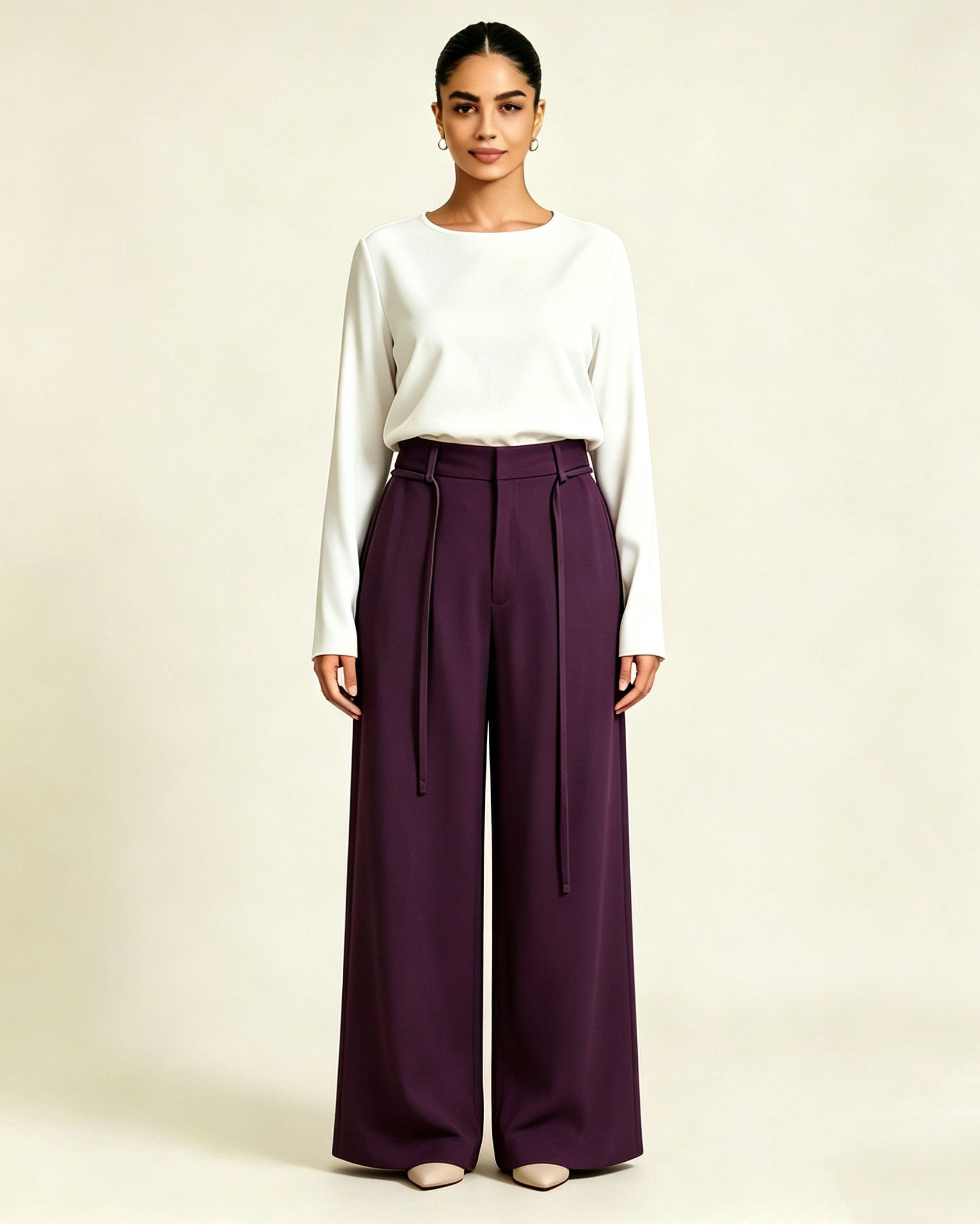 Elegant Purple High Waist Tie Belt Straight Wide Leg Trousers Suitpure