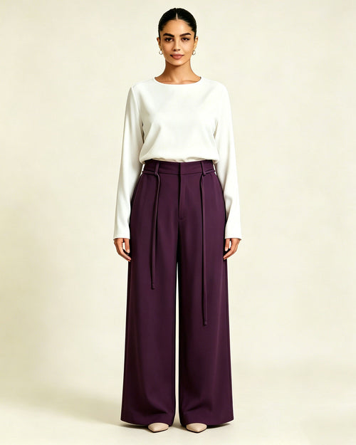 Elegant Purple High Waist Tie Belt Straight Wide Leg Trousers Suitpure