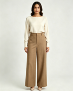Women Modest Camel Wool Blend High Rise Wide Leg Trousers Suitpure