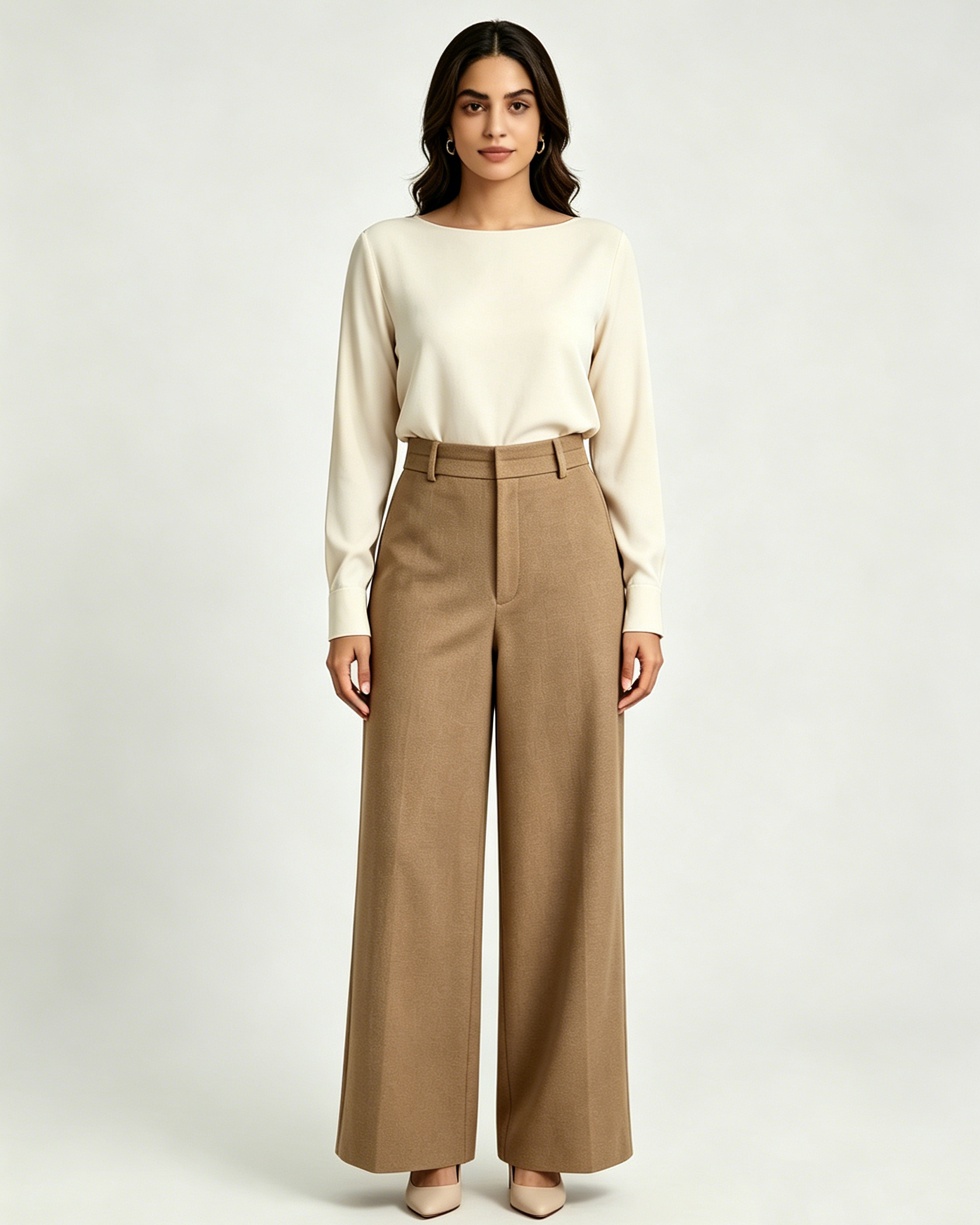 Women Modest Camel Wool Blend High Rise Wide Leg Trousers Suitpure