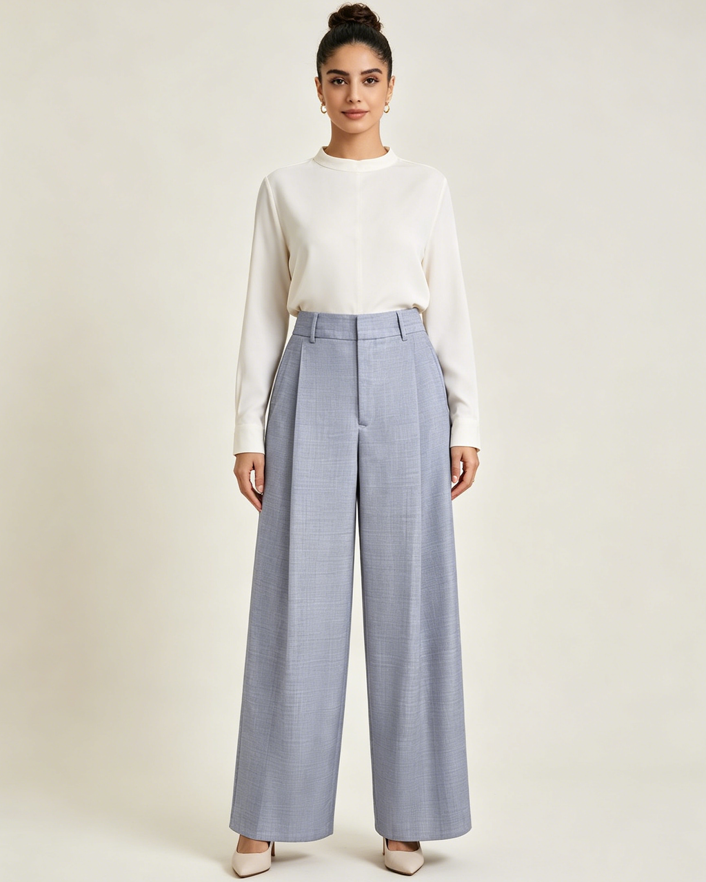 Women Light Grey Textured Pleated High Waist Wide Leg Pants Suitpure