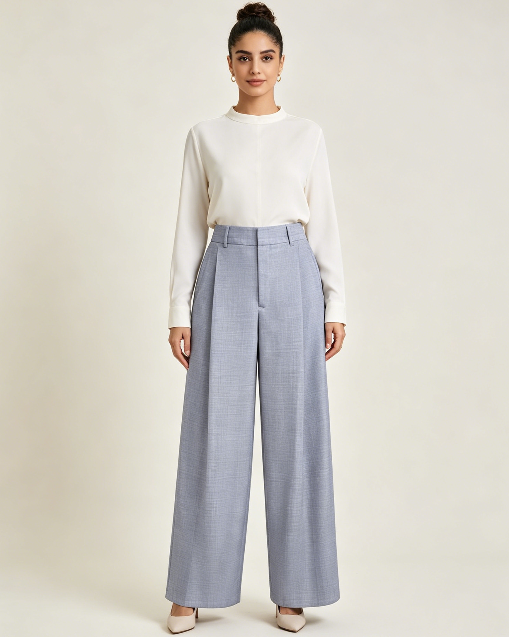 Women Light Grey Textured Pleated High Waist Wide Leg Pants Suitpure