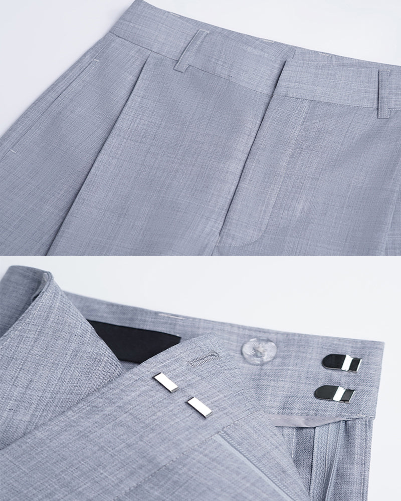 Women Light Grey Textured Pleated High Waist Wide Leg Pants Suitpure