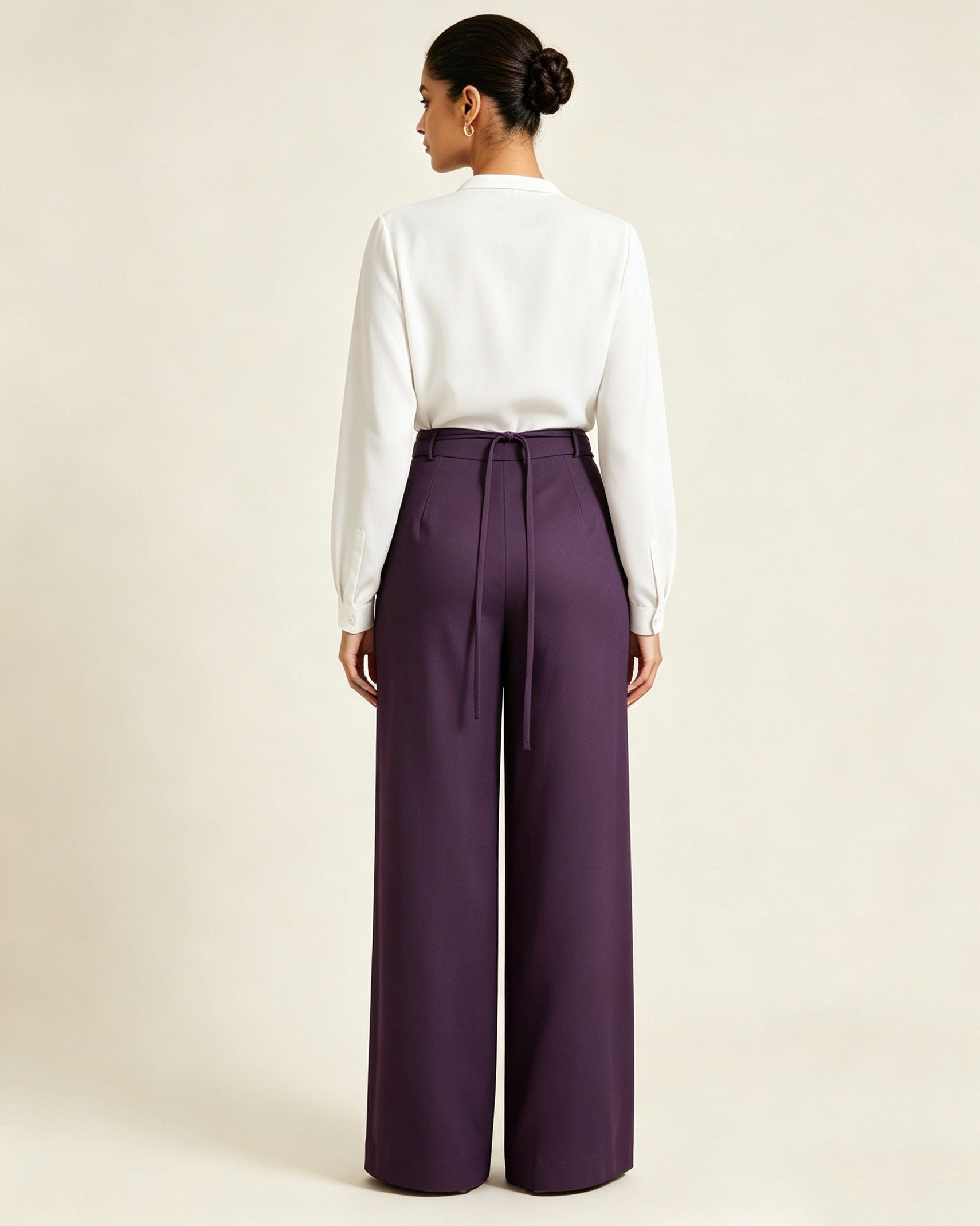 Elegant Purple High Waist Tie Belt Straight Wide Leg Trousers Suitpure
