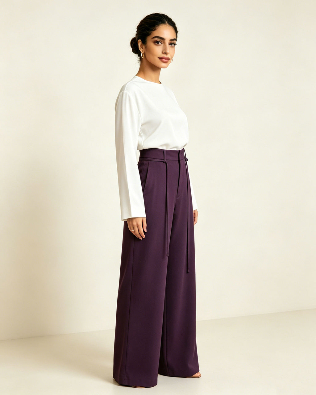 Elegant Purple High Waist Tie Belt Straight Wide Leg Trousers Suitpure