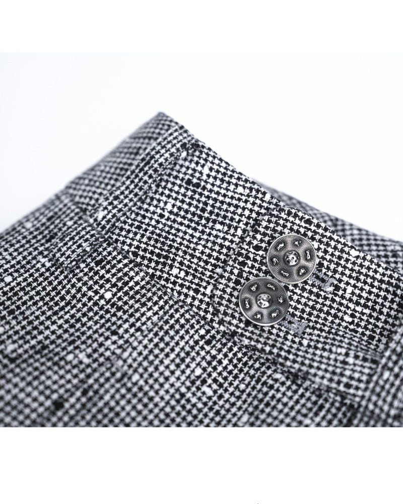 Black White Houndstooth Slub Linen High-Rise Wide-Leg Trousers Suitpure
