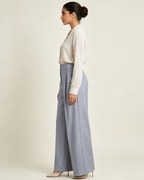 Women Light Grey Textured Pleated High Waist Wide Leg Pants Suitpure