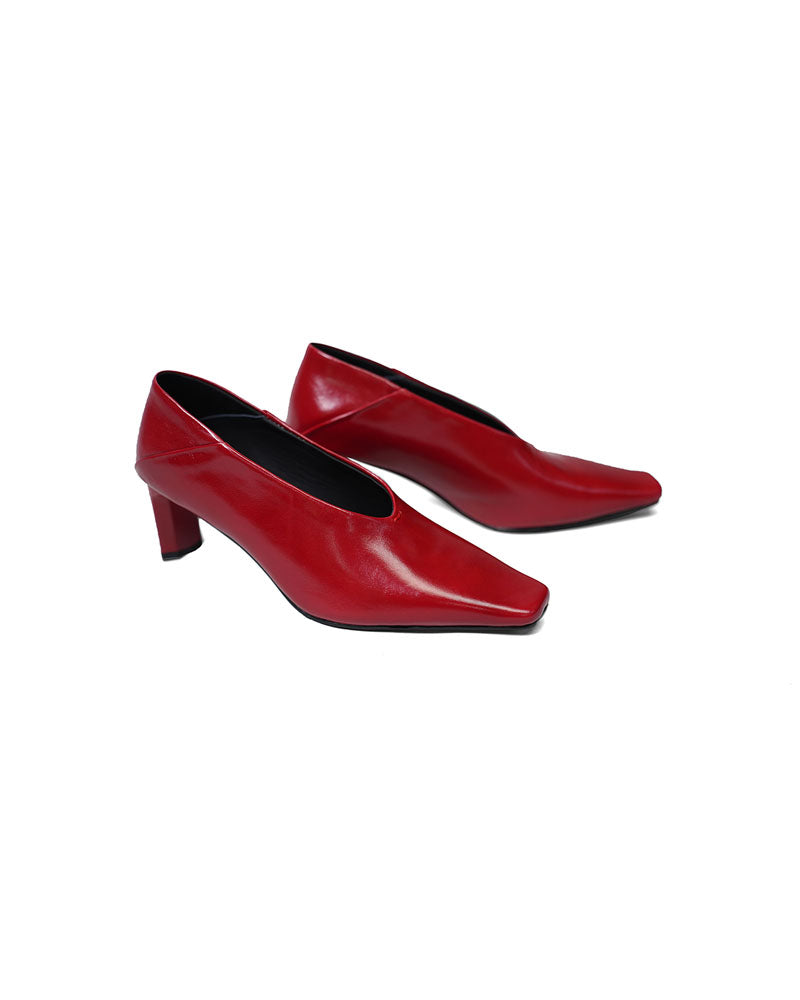 Women Bright Red Patent Leather Square Toe V Cut Block Heel Shoes Suitpure