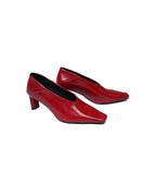 Women Bright Red Patent Leather Square Toe V Cut Block Heel Shoes Suitpure