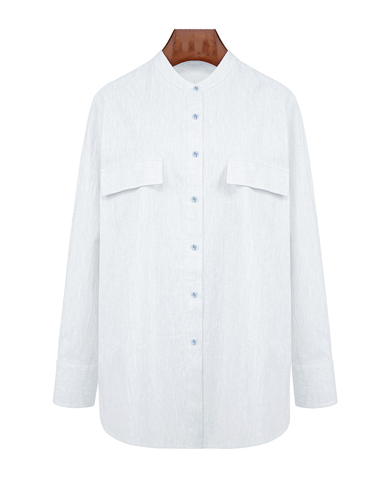 Relaxed Mandarin Collar Linen-Cotton Minimalist Shirt Suitpure