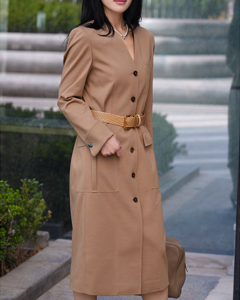 V-Neck Wool Dress in Dark Khaki with Pockets Suitpure
