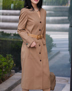 V-Neck Wool Dress in Dark Khaki with Pockets Suitpure