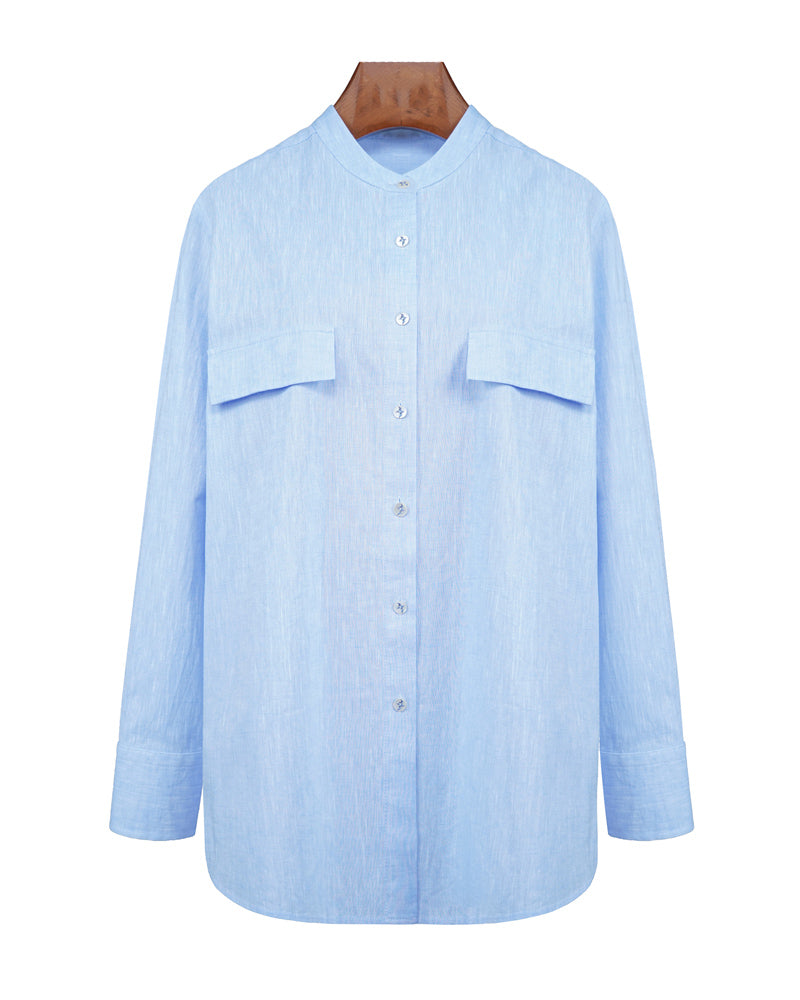 Relaxed Mandarin Collar Linen-Cotton Minimalist Shirt Suitpure