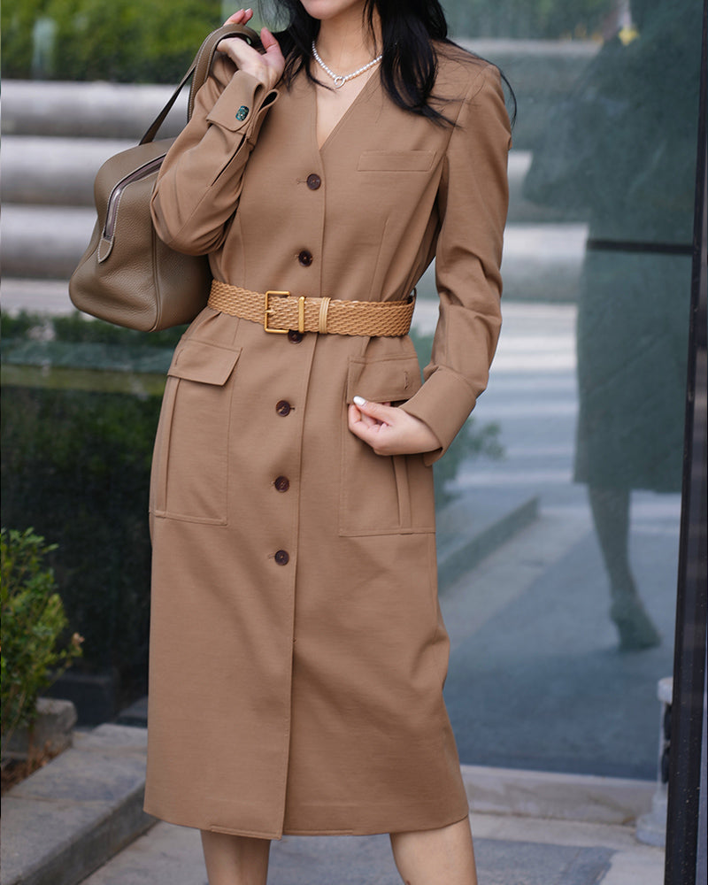 V-Neck Wool Dress in Dark Khaki with Pockets Suitpure