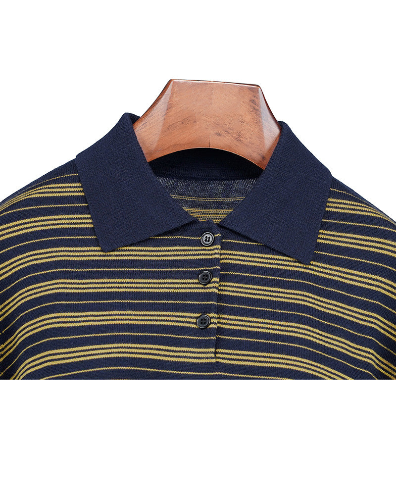 Polo Collar Stripe Knit in Navy & Yellow