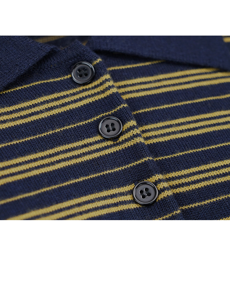 Polo Collar Stripe Knit in Navy & Yellow
