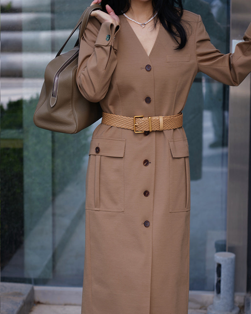 V-Neck Wool Dress in Dark Khaki with Pockets Suitpure