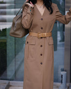 V-Neck Wool Dress in Dark Khaki with Pockets Suitpure