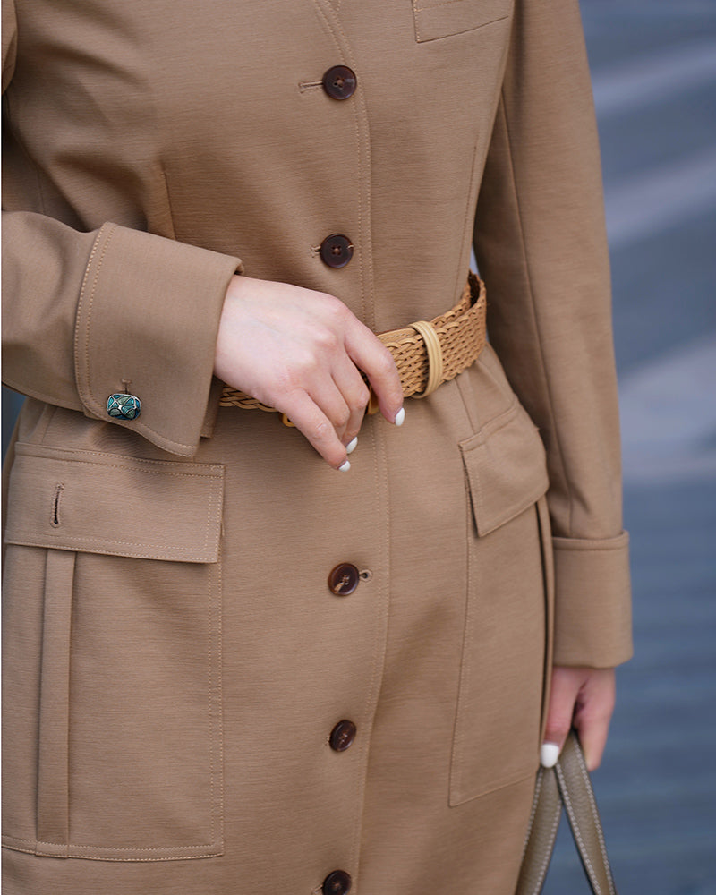 V-Neck Wool Dress in Dark Khaki with Pockets Suitpure