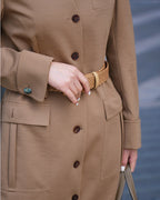 V-Neck Wool Dress in Dark Khaki with Pockets Suitpure