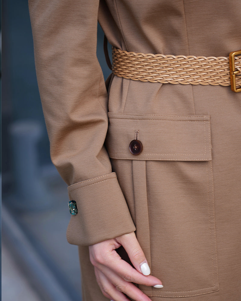 V-Neck Wool Dress in Dark Khaki with Pockets Suitpure
