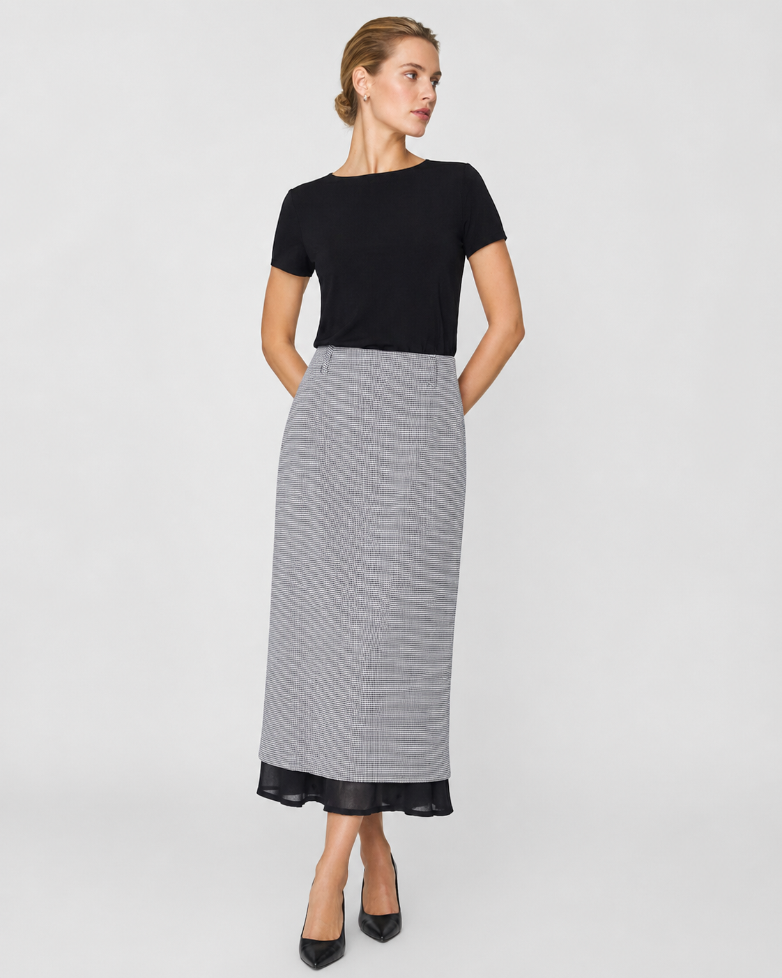 Classic Black-White Diamond Mesh Fishtail Midi Skirt Suitpure