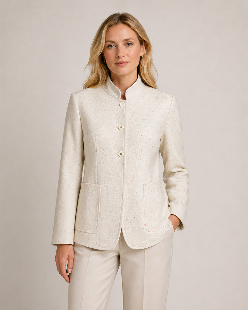 Cotton Twill Mandarin Blazer | Speckled Yarn Texture Suitpure