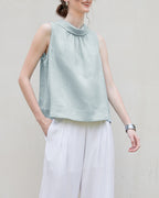 Sleeveless Linen Top with Ruffled Neckline Suitpure