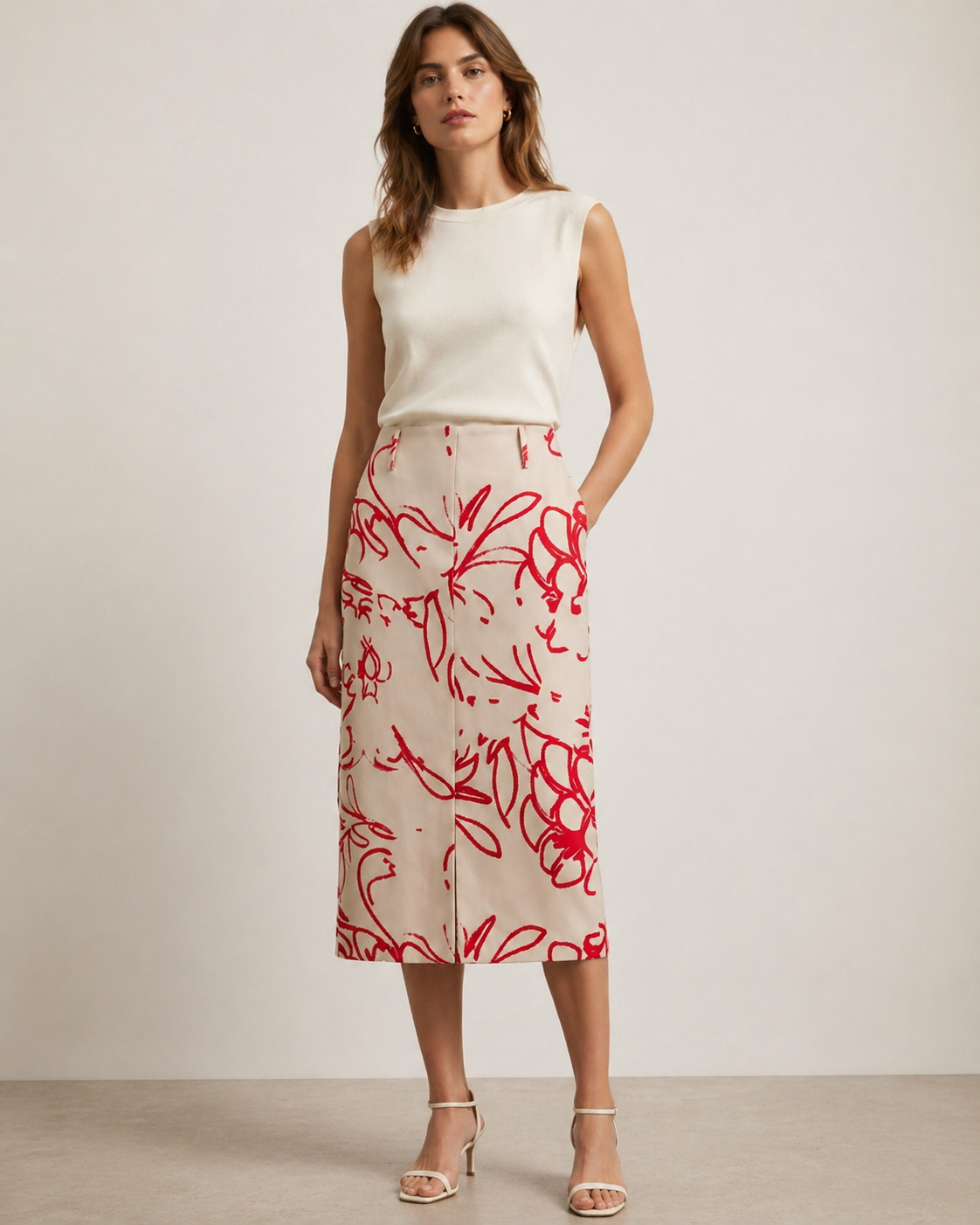 Khaki Flocked Continuous Waistband Skirt | Double Slit Suitpure