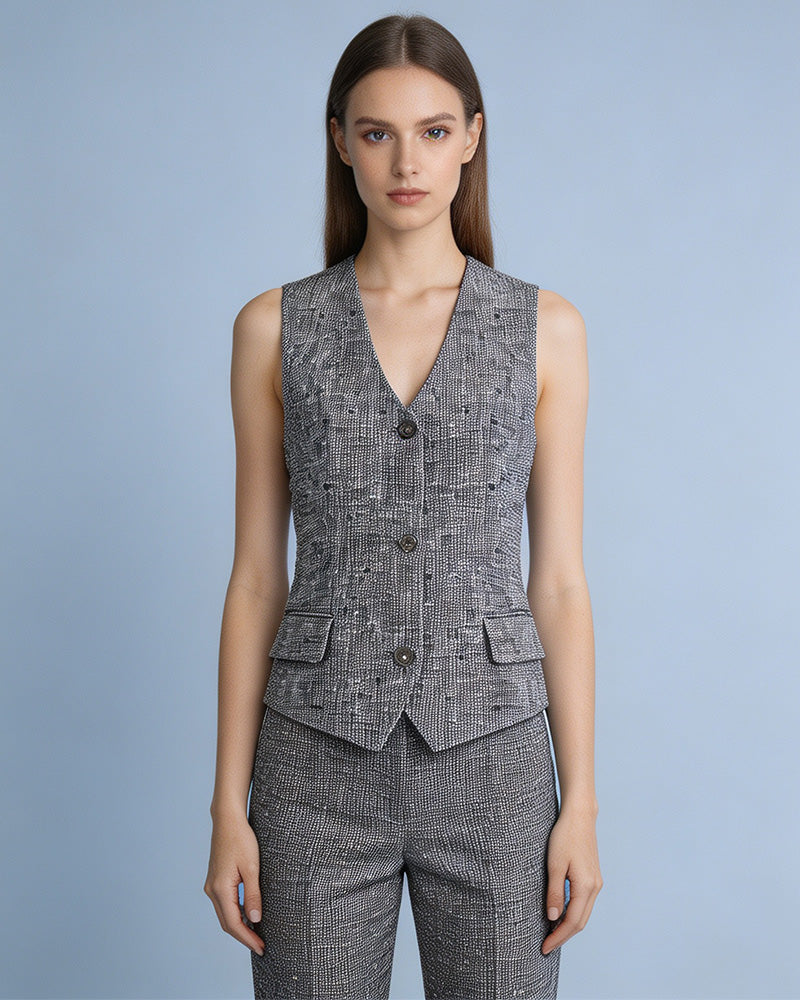 Black White Houndstooth Slub Linen Adjustable Vest Suitpure