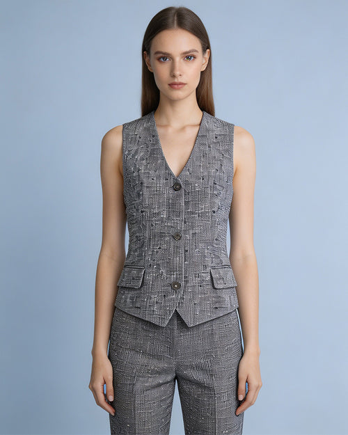 Black White Houndstooth Slub Linen Adjustable Vest Suitpure