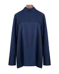 Navy Silk Linen Mandarin Collar Pullover Blouse Suitpure
