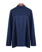 Navy Silk Linen Mandarin Collar Pullover Blouse Suitpure