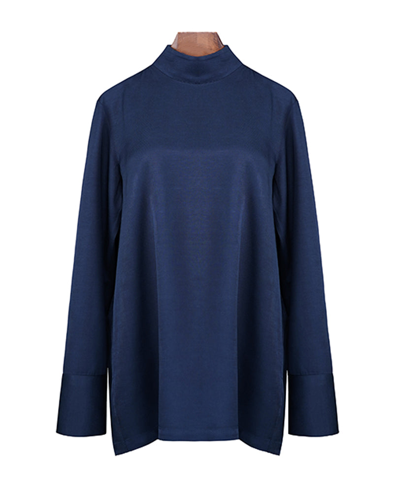 Navy Silk Linen Mandarin Collar Pullover Blouse