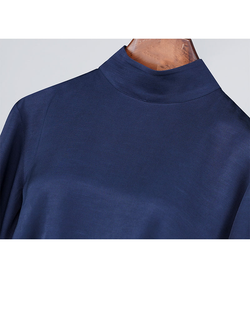 Navy Silk Linen Mandarin Collar Pullover Blouse Suitpure